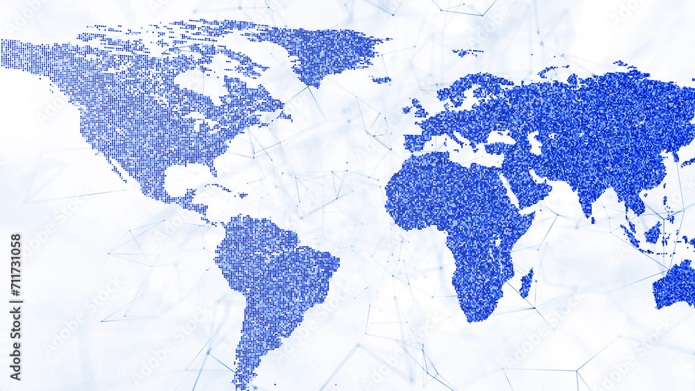 Poster digital blue 3d world map motion with computer cyberspace lines on white background. illustration.