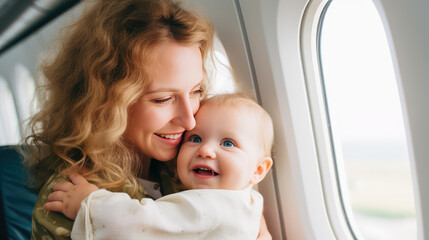 Young European smiling blonde mother holding her infant baby sitting in an airplane cabin. Air travel with newborn baby, relaxing vacation with kids.