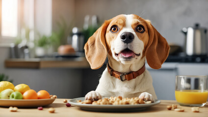 Cute hungry  dog sitting in the kitchen at the table