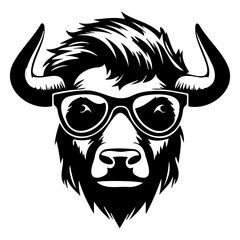 Obraz premium Cool buffalo wearing sunglass black silhouette logo svg vector, buffalo icon illustration.