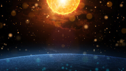 Artistic 3d space with abstract Sun, planet and stars. View from space. Illustration background.