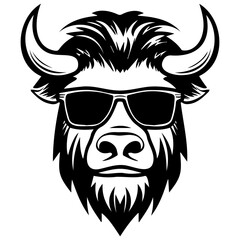 Fototapeta premium Cool buffalo wearing sunglass black silhouette logo svg vector, buffalo icon illustration.