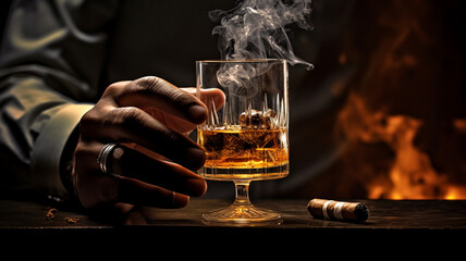 whiskey on table. man with glass of whiskey. - obrazy, fototapety, plakaty