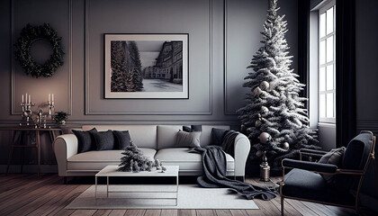 Amazing Interior Design of a Living Room with X-Mas Decorations minimalist background , Ai generated image