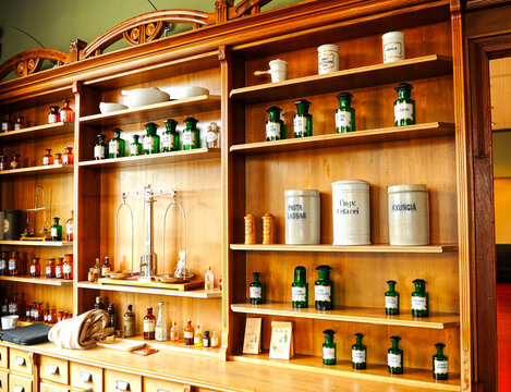 Old Swan Pharmacy (Svane apotheket) inside the Art Nouveau Centre museum (Jugendstilsenteret) in Alesund, More og Romsdal, Norway