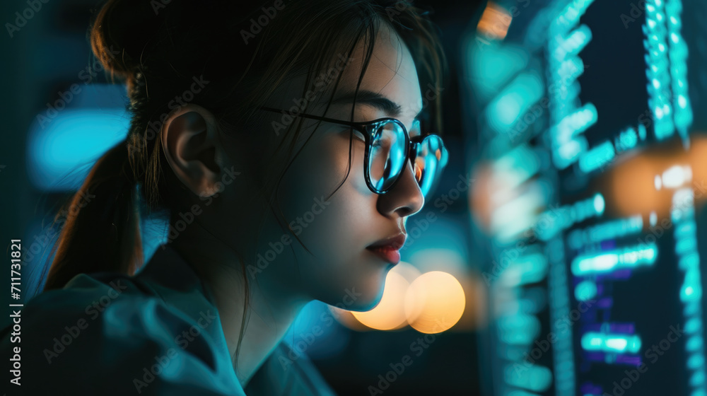 Poster close-up of a woman's face, with a focus on her eyes, which reflect a computer screen displaying dat