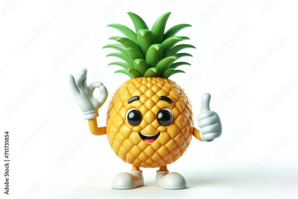 Aufkleber 3d pineapple character with a smiling face on a white background. ai generative