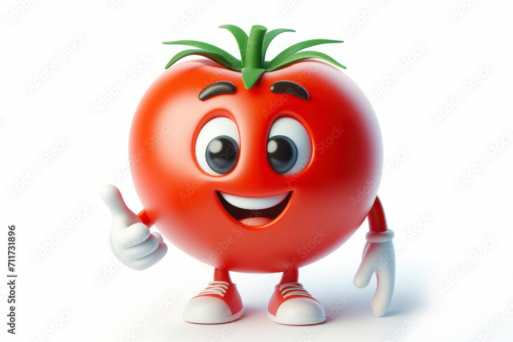 Poster 3d tomato character with a smiling face on a white background. ai generative