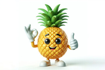3d Pineapple character with a smiling face on a white background. ai generative