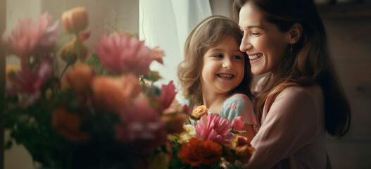 little daughter is holding nice flowers for her amazed cheerful joyful charming mom