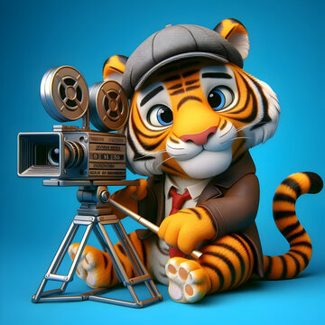 cute tiger as a movie director holding a movie camera in a 3D inflate model, 3D inflate model tiger directing film, Cute tiger mascot with cinema camera