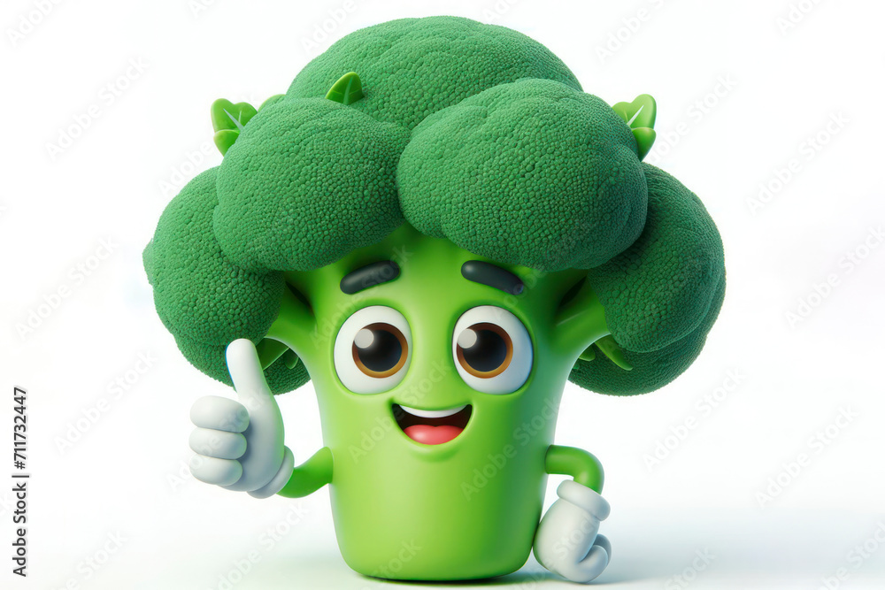 Poster 3d broccoli character with a smiling face on a white background. ai generative