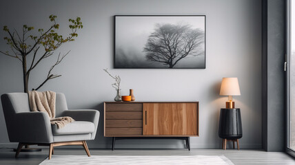 modern interior design with a picture frame, mock up, 3 d illustration render