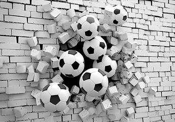 Group of soccer balls coming out from a brick wall, in the style of cubist fragmentation of space, white and black, hyperrealistic compositions, multimedia installations, cartoonish chaos.