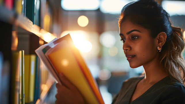 Woman Is Reading A Book In A Library Or Bookstore, Surrounded By Shelves Of Books