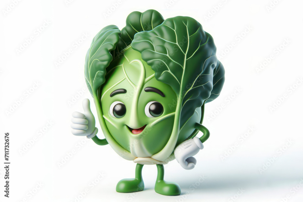 Poster 3d cabbage character with a smiling face on a white background. ai generative