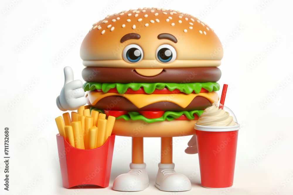 Aufkleber 3d burger fast food character with a smiling face on a white background. ai generative