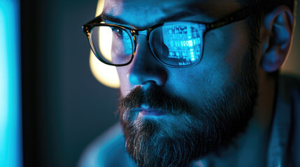 Close-up portrait of a person wearing glasses, with reflections of a computer screen displaying code on the glasses