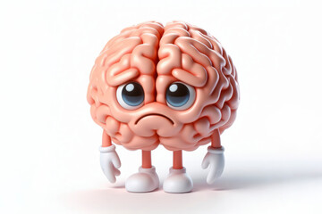 3d character brain with a sad face on a white background. ai generative