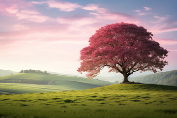 a cherry blossom tree in a field