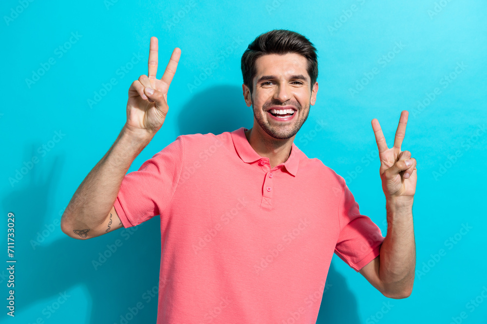 Aufkleber photo of funny guy showing double v sign famous blogger at event in his city make peace not war isol