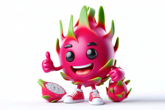 3d dragon fruit character with a smiling face on a white background. ai generative