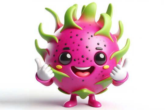 3d dragon fruit character with a smiling face on a white background. ai generative