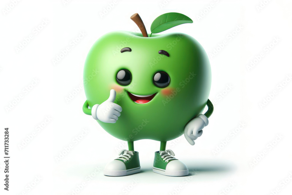Poster 3d green apple character with a smiling face on a white background. ai generative