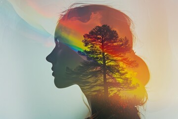 a silhouette double exposure of a young girl and a beautiful landscape in, the sea, the sky and rainbow