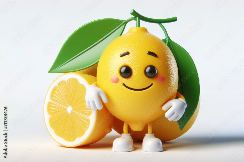 Poster 3d lemon character with a smiling face on a white background. ai generative