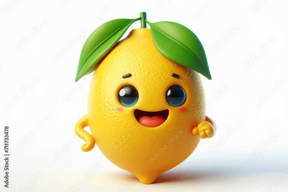 Poster 3d lemon character with a smiling face on a white background. ai generative