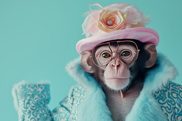  fashion portrait of a cute and funny monkey, elegant and glamorous dressed , minimal  mood background