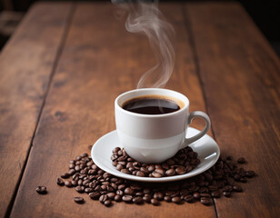 Fototapeta premium Cup of coffee on a wooden table generated by AI