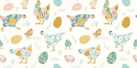 Happy Easter. Vector seamless pattern with abstract chickens