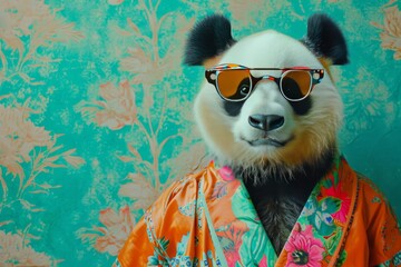  fashion portrait of a cute and funny panda, elegant and glamorous dressed , minimal  mood background