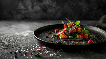 Illustration of a steak dish, in a Michelin star restaurant, main course, side view, gloomy mood, and gray concrete black background. - obrazy, fototapety, plakaty