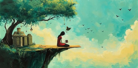 illustration of a young girl reading a book and drinking a cup of tea, outdoor, relaxing in the nature, free peaceful time concept - obrazy, fototapety, plakaty