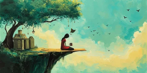 Poster Im Rahmen illustration of a young girl reading a book and drinking a cup of tea, outdoor, relaxing in the nature, free peaceful time concept © aledesun