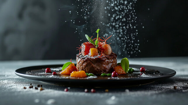 Illustration of a steak dish, in a Michelin star restaurant, main course, side view, gloomy mood, and gray concrete black background.