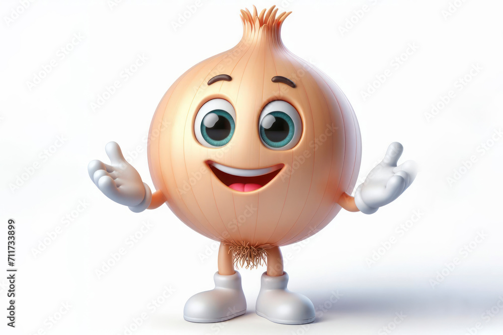 Poster 3d onion character with a smiling face on a white background. ai generative