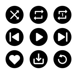 Music player icon set of nine in black and white color. Play, pause, next, previous, like, download, repeat, loop, shuffle icon collection for music player interface - Vector Icon