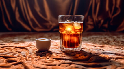 Cool down with a refreshing image of an iced coffee in a glass placed on a wooden table. The simplicity and chill vibe captured in one perfect moment.