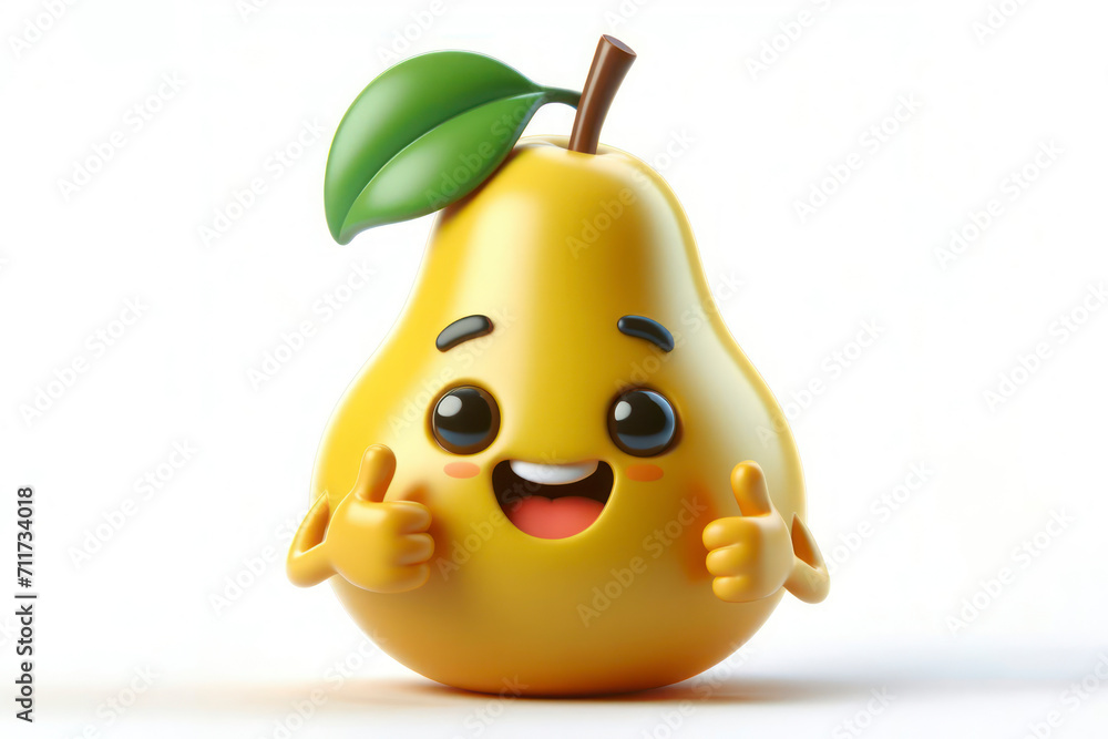 Poster 3d pear character with a smiling face on a white background. ai generative