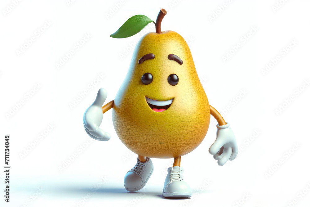 Poster 3d pear character with a smiling face on a white background. ai generative