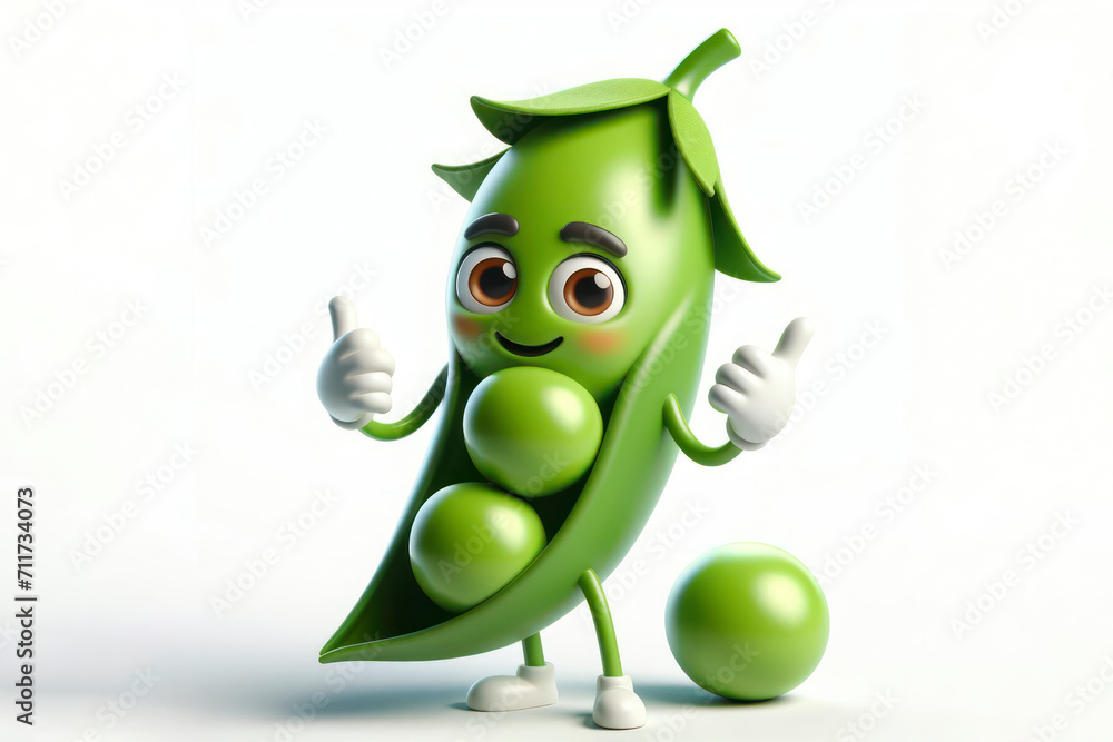Poster 3d peas character with a smiling face on a white background. ai generative