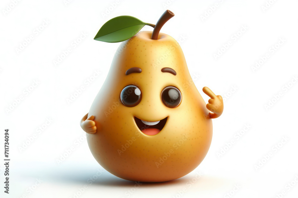 Poster 3d pear character with a smiling face on a white background. ai generative