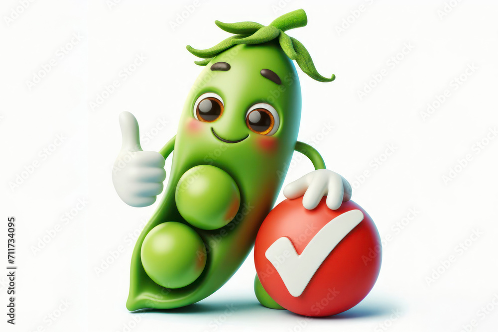 Poster 3d peas character with a smiling face on a white background. ai generative