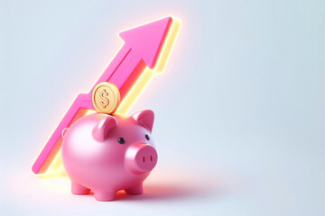 3d piggy bank with upward arrow and dollars isolated on white background. ai generative