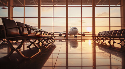 An airplane viewed head-on through the large windows of an airport terminal at sunrise or sunset