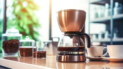 Elevate your coffee experience with the sleek presence of a drip coffee maker resting on a wooden table. A perfect blend of functionality and aesthetics.